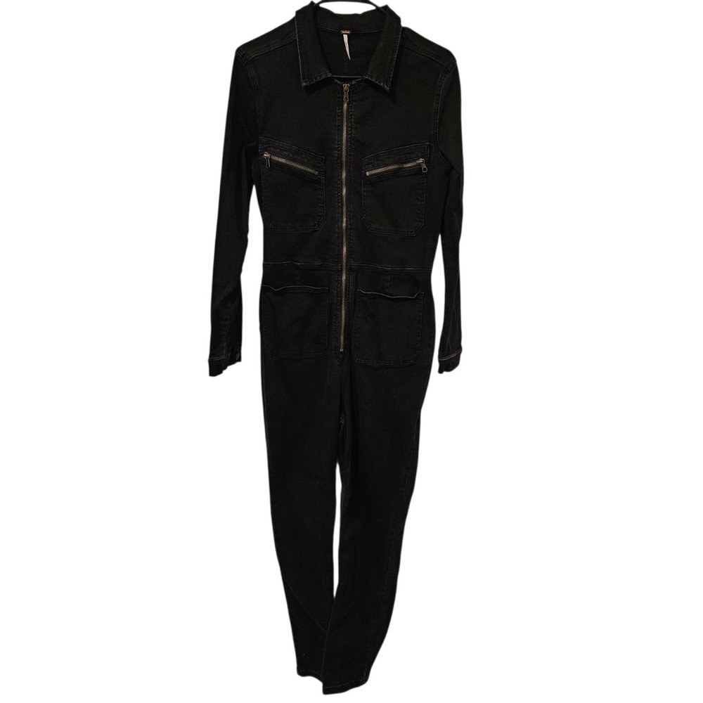 Free People Lennox Jumpsuit Black Denim Cotton Stretch Skinny Fit Women's Large